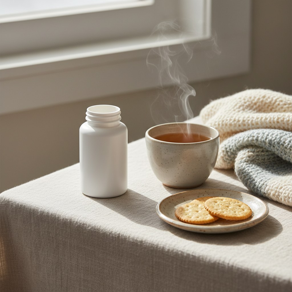 White magnesium bottle beside steaming chamomile tea, plain crackers, and a folded blanket on pale linen